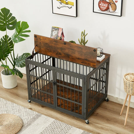 38.4''W Furniture style dog crate wrought iron frame door with side openings, Rustic Brown