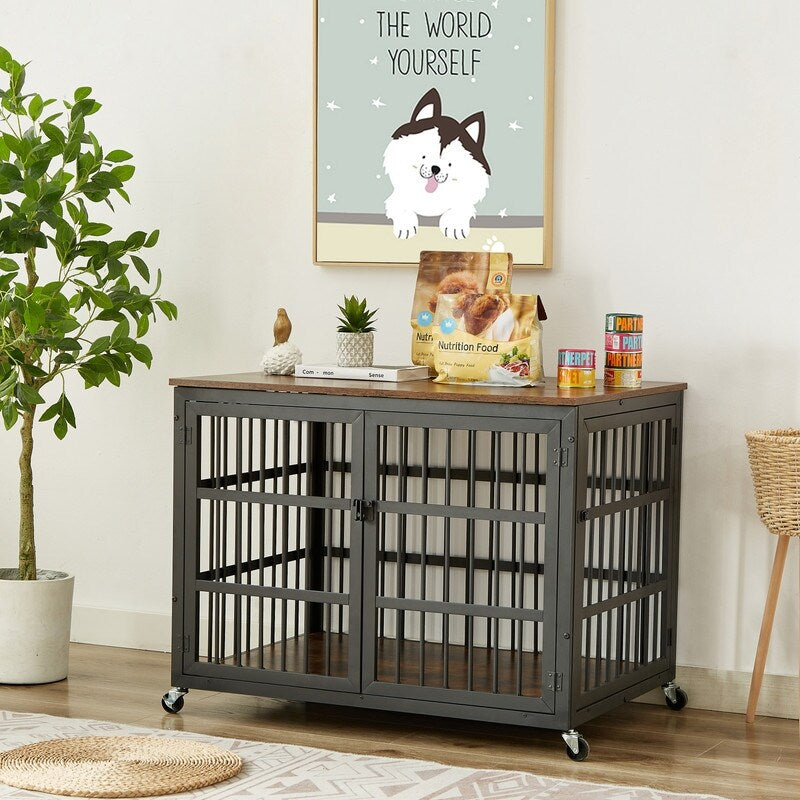 38.4''W Furniture style dog crate wrought iron frame door with side openings, Rustic Brown