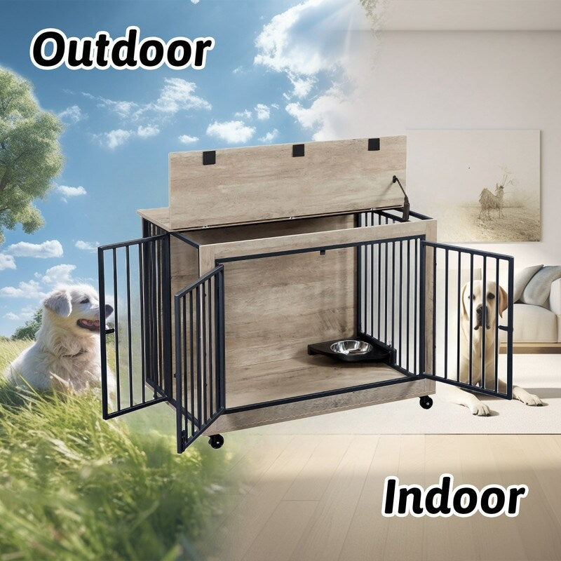 38.58"W Furniture Style Dog Crate Side Table With Rotatable Feeding Bowl, Wheels, Three Doors