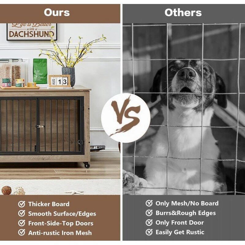 38.58"W Furniture Style Dog Crate Side Table With Rotatable Feeding Bowl, Wheels, Three Doors