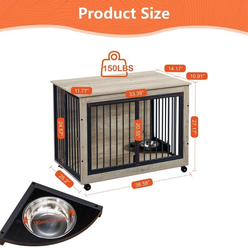 38.58"W Furniture Style Dog Crate Side Table With Rotatable Feeding Bowl, Wheels, Three Doors