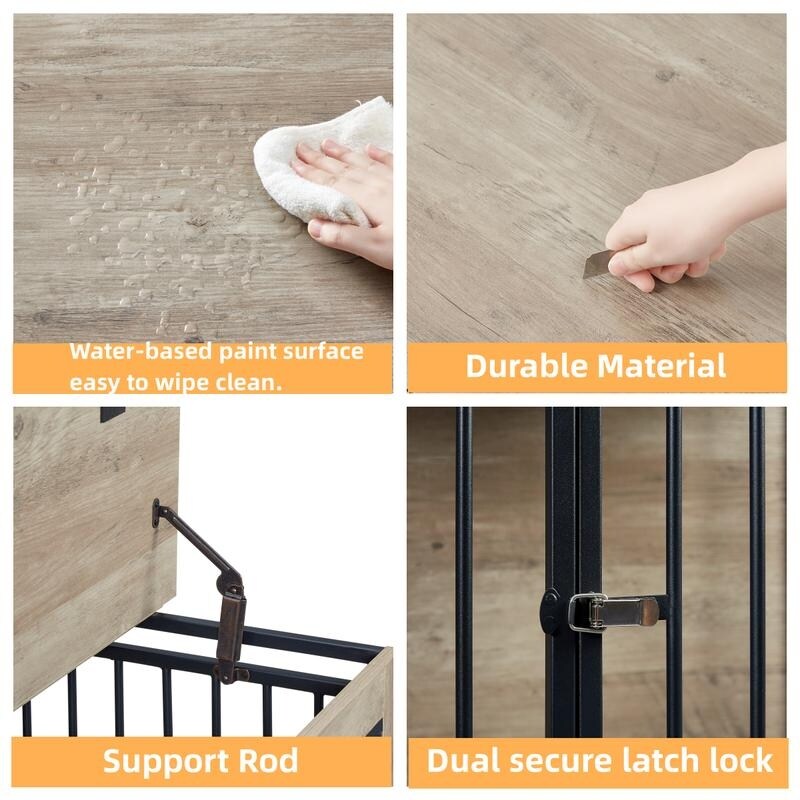 38.58"W Furniture Style Dog Crate Side Table With Rotatable Feeding Bowl, Wheels, Three Doors