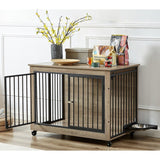 38.58"W Furniture Style Dog Crate Side Table With Rotatable Feeding Bowl, Wheels, Three Doors