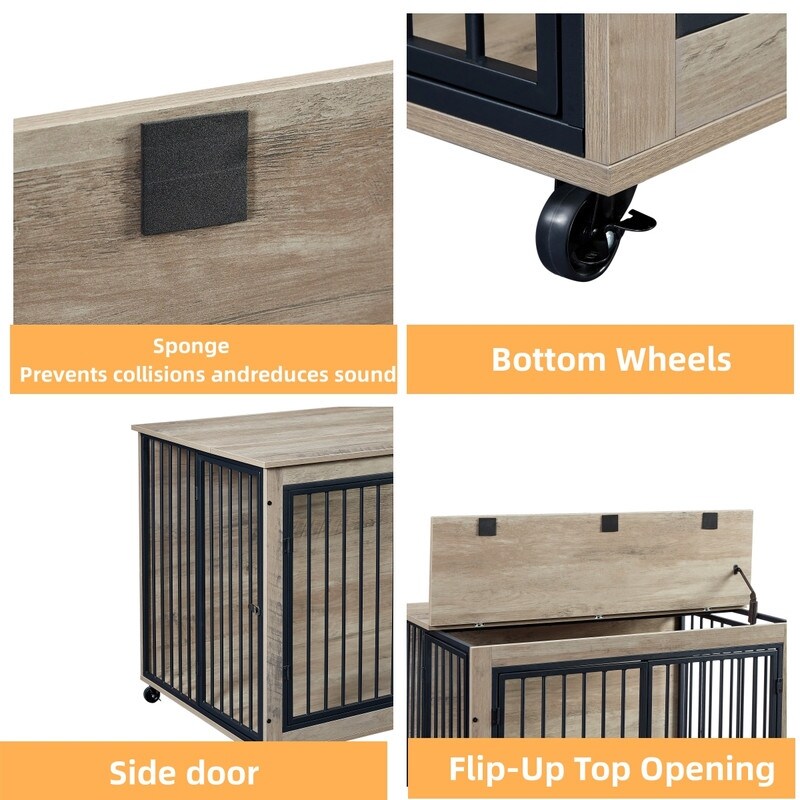 38.58"W Furniture Style Dog Crate Side Table With Rotatable Feeding Bowl, Wheels, Three Doors