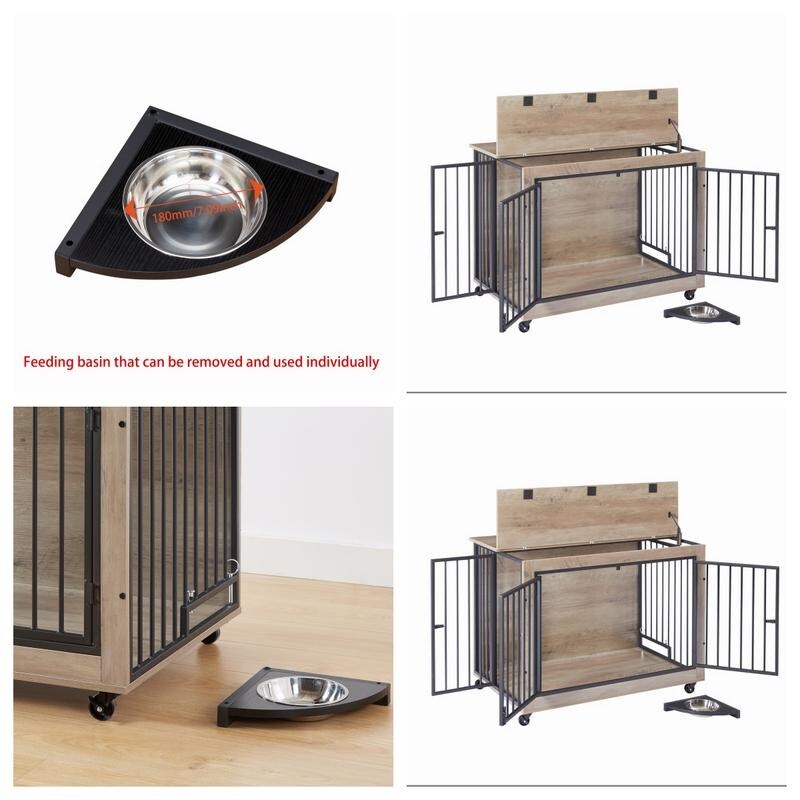 38.58"W Furniture Style Dog Crate Side Table With Rotatable Feeding Bowl, Wheels, Three Doors