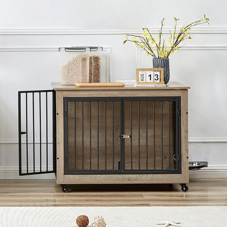 38.58"W Furniture Style Dog Crate Side Table With Rotatable Feeding Bowl, Wheels, Three Doors