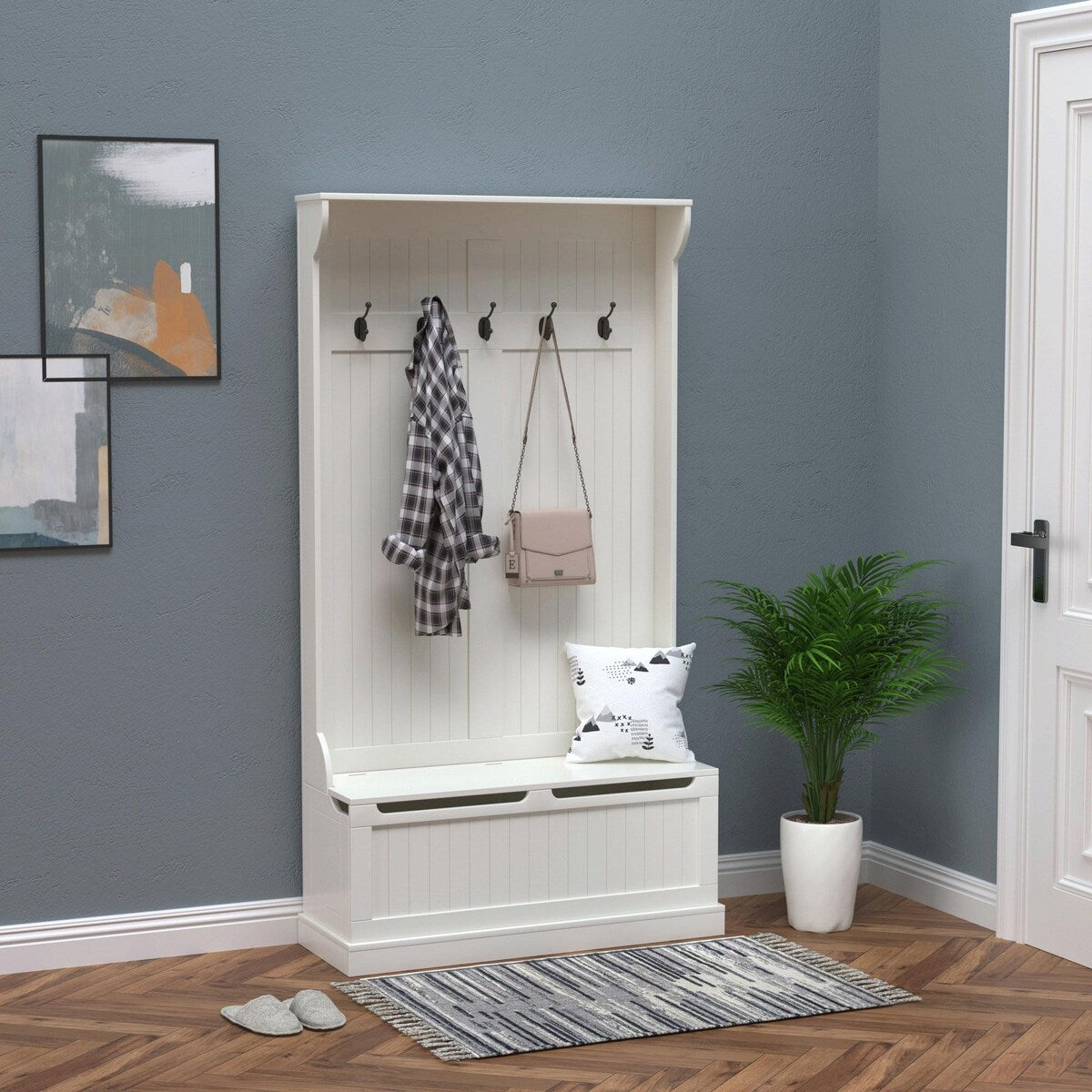 38" 3-in-1 Entryway Hall Tree with Storage Bench, Coat Rack with 4 Hooks, and Shoe Storage