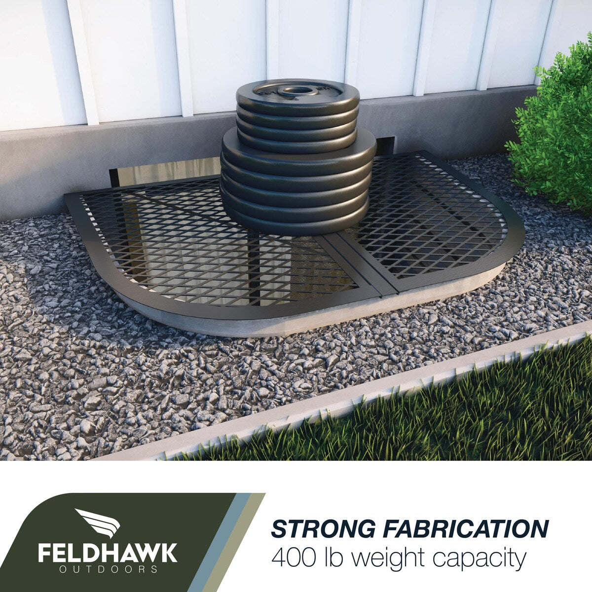38" x 64" Window Well Cover Powder Coat Black Mesh Steel Well Cover D - Shaped Egress Covering Semi-universal fit.