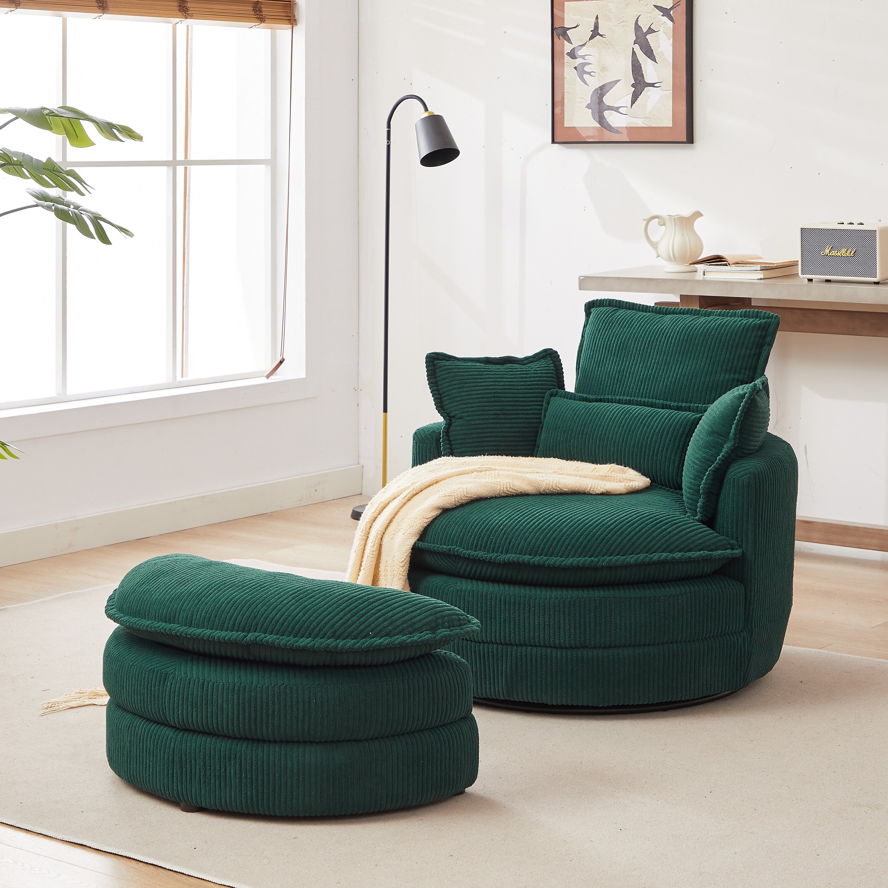 Emerald Green Oversized Swivel Chair with Half Moon Storage Ottoman Overstock