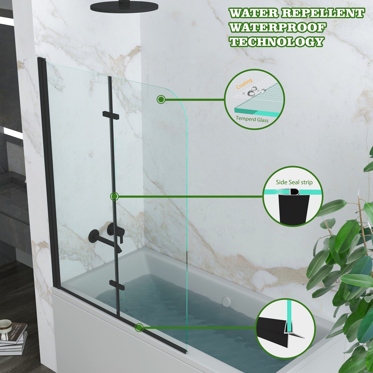 39 in. W x 55 in. H Pivot Tub Door in Matte Black with Clear Tempered Glass