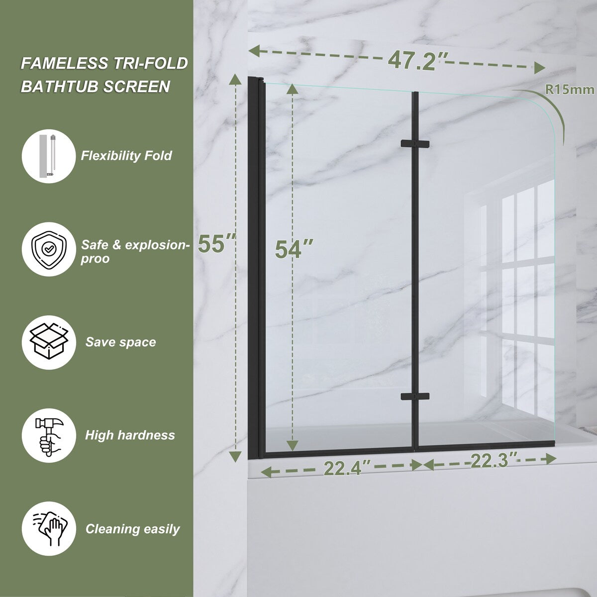39 in. W x 55 in. H Pivot Tub Door in Matte Black with Clear Tempered Glass