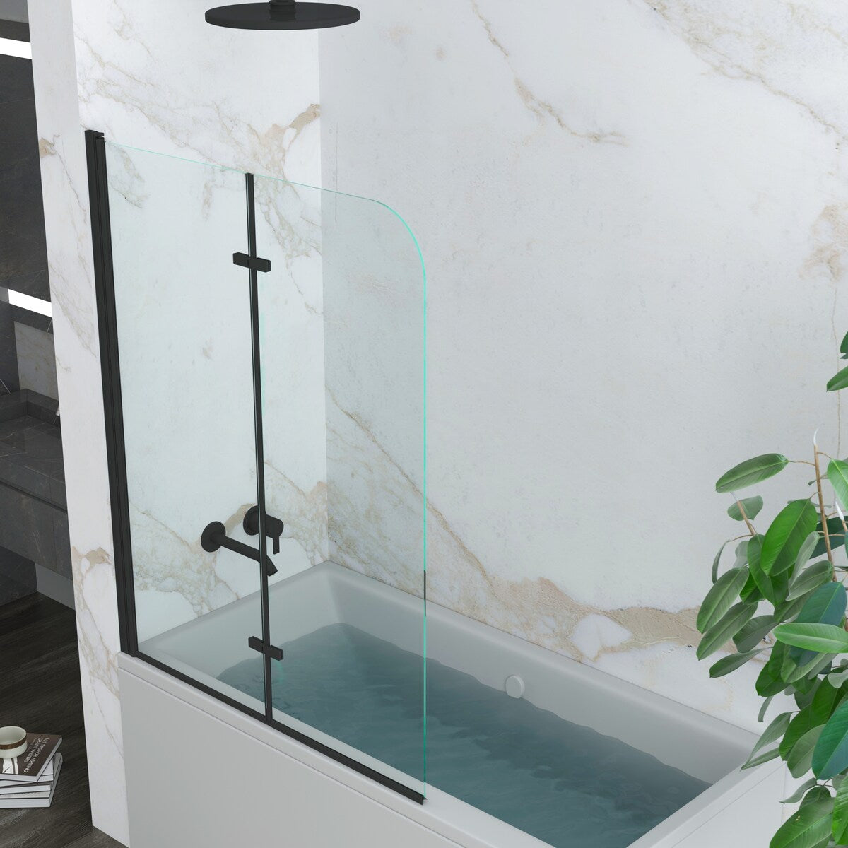 39 in. W x 55 in. H Pivot Tub Door in Matte Black with Clear Tempered Glass