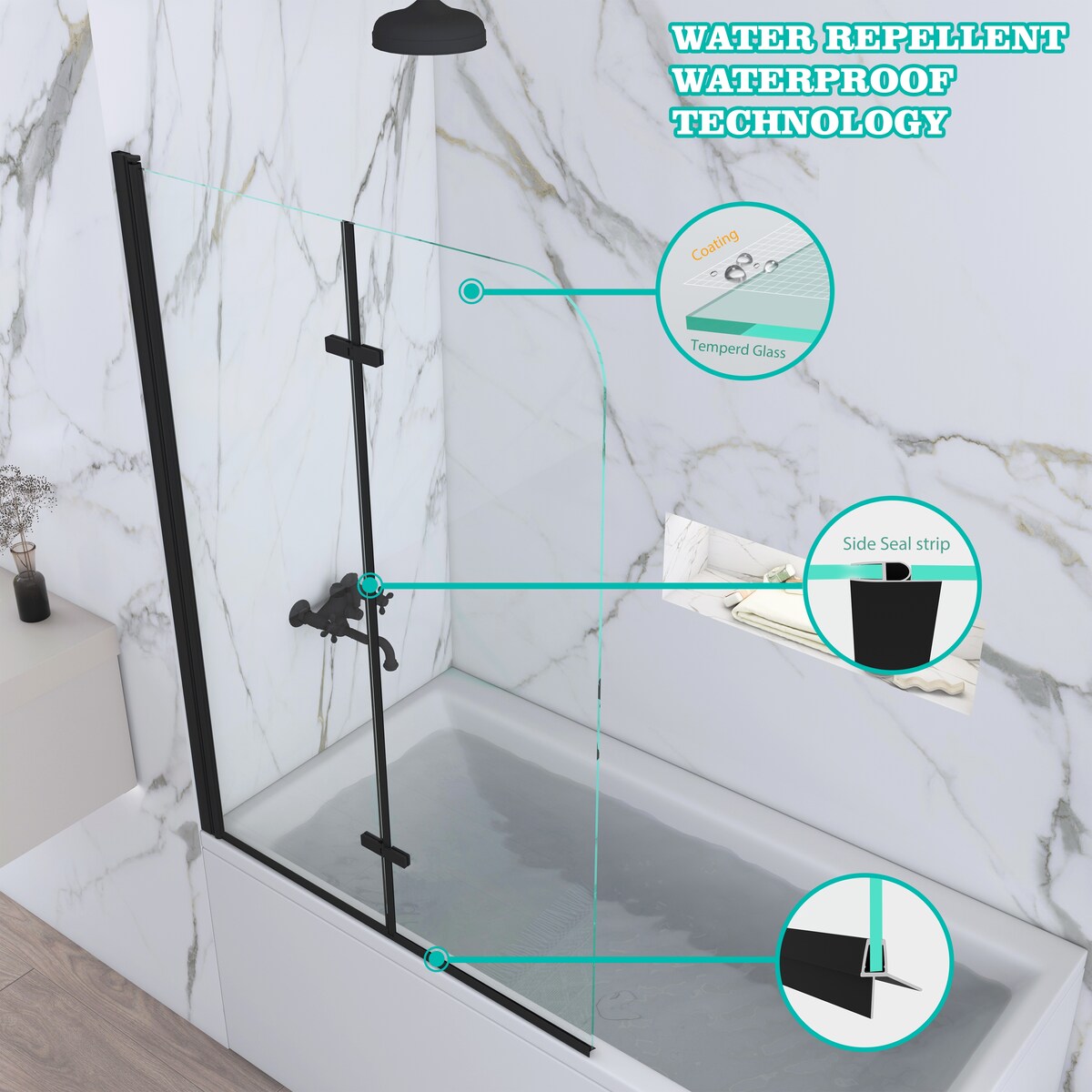 39 in. W x 55 in. H Pivot Tub Door in Matte Black with Clear Tempered Glass