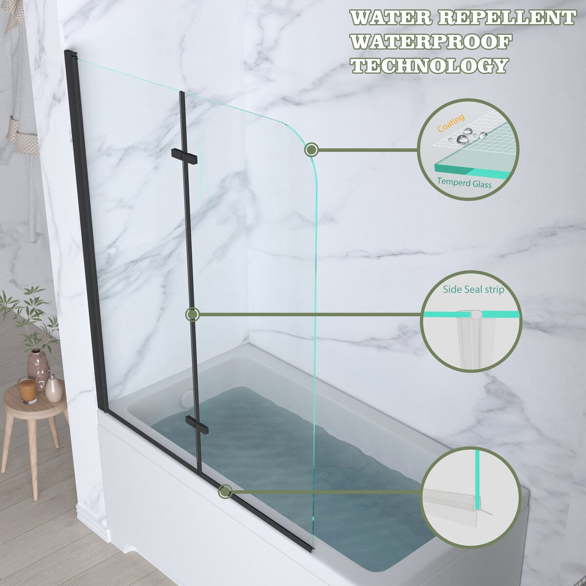 39 in. W x 55 in. H Pivot Tub Door in Matte Black with Clear Tempered Glass