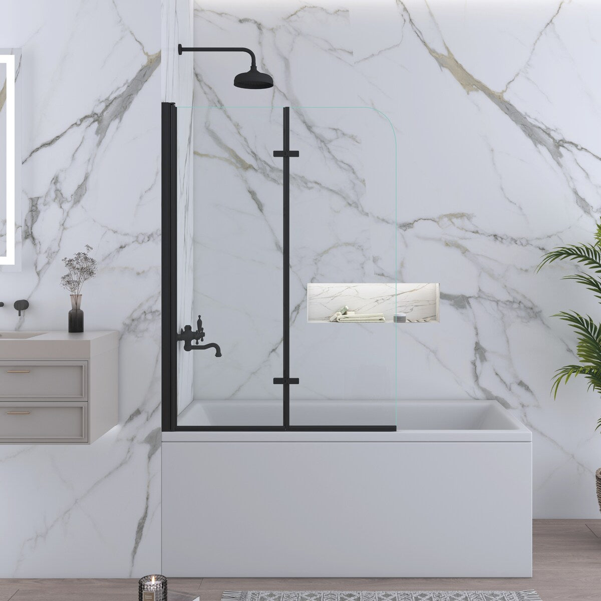 39 in. W x 55 in. H Pivot Tub Door in Matte Black with Clear Tempered Glass