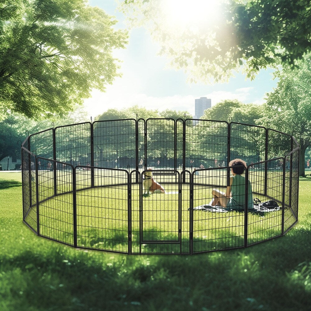 39.37" Dog Fence 16 Panels Heavy Duty Metal Playpen with Door for Outdoor