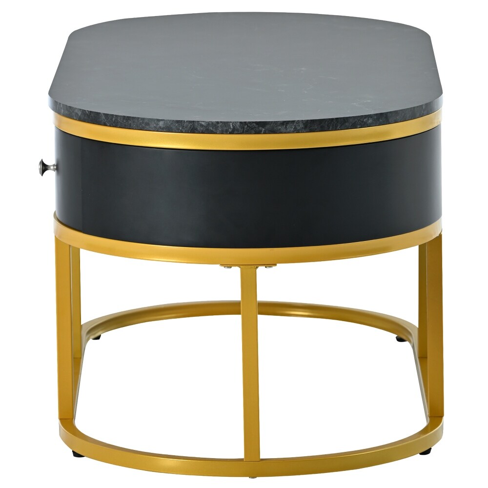 39.4 in. Oval Metal Marble Golden Coffee Table with Drawers & Shelves