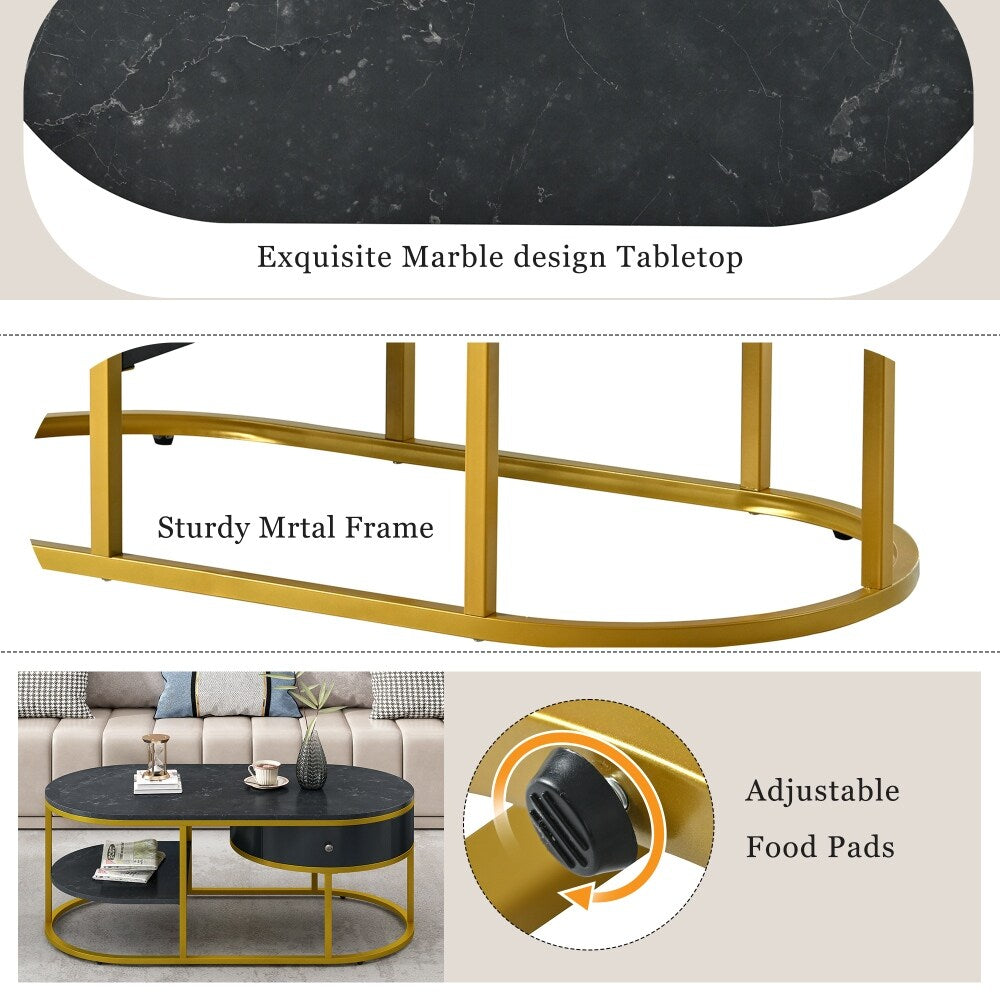 39.4 in. Oval Metal Marble Golden Coffee Table with Drawers & Shelves