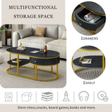 39.4 in. Oval Metal Marble Golden Coffee Table with Drawers & Shelves