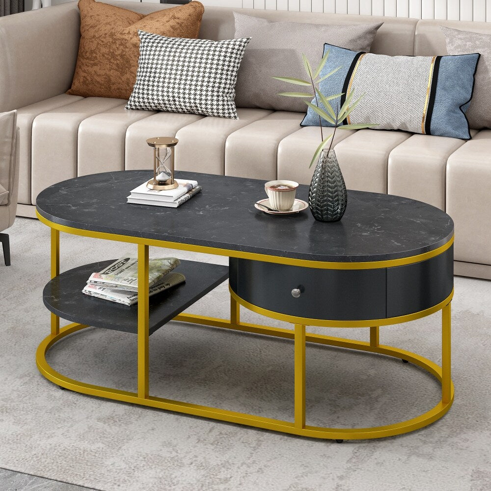 39.4 in. Oval Metal Marble Golden Coffee Table with Drawers & Shelves