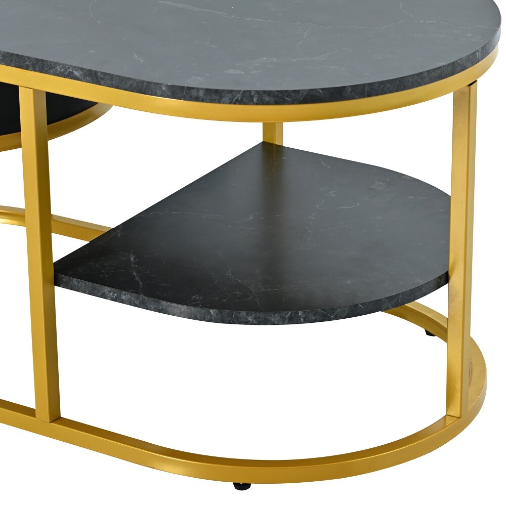 39.4 in. Oval Metal Marble Golden Coffee Table with Drawers & Shelves