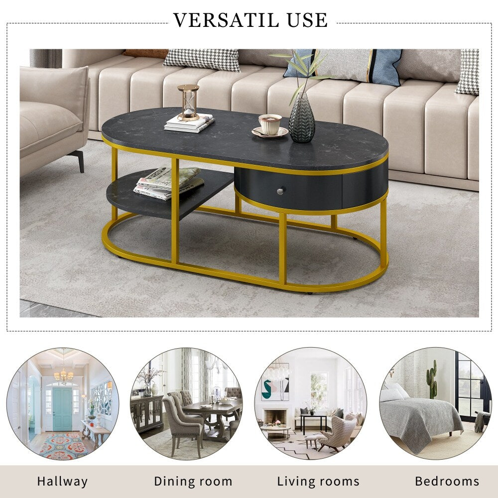 39.4 in. Oval Metal Marble Golden Coffee Table with Drawers & Shelves