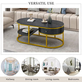 39.4 in. Oval Metal Marble Golden Coffee Table with Drawers & Shelves
