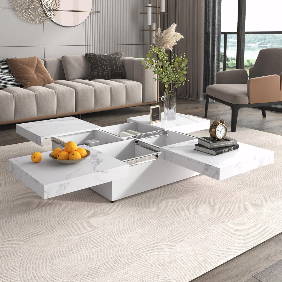 39.4'' Square Marble Veneer Coffee Table with Sliding Top Storage