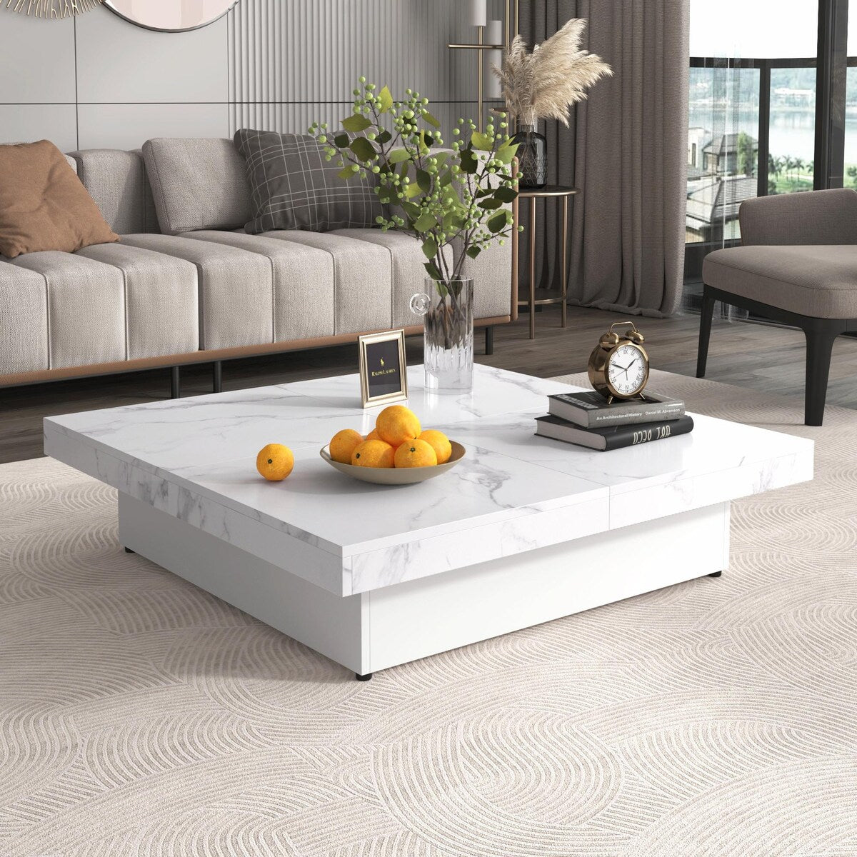 39.4'' Square Marble Veneer Coffee Table with Sliding Top Storage