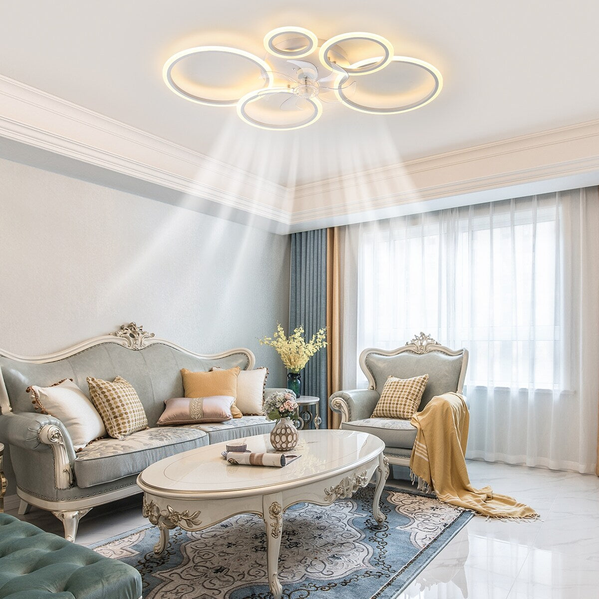 39Inches White Ceiling Fan with Lights, Remote Control and APP Control