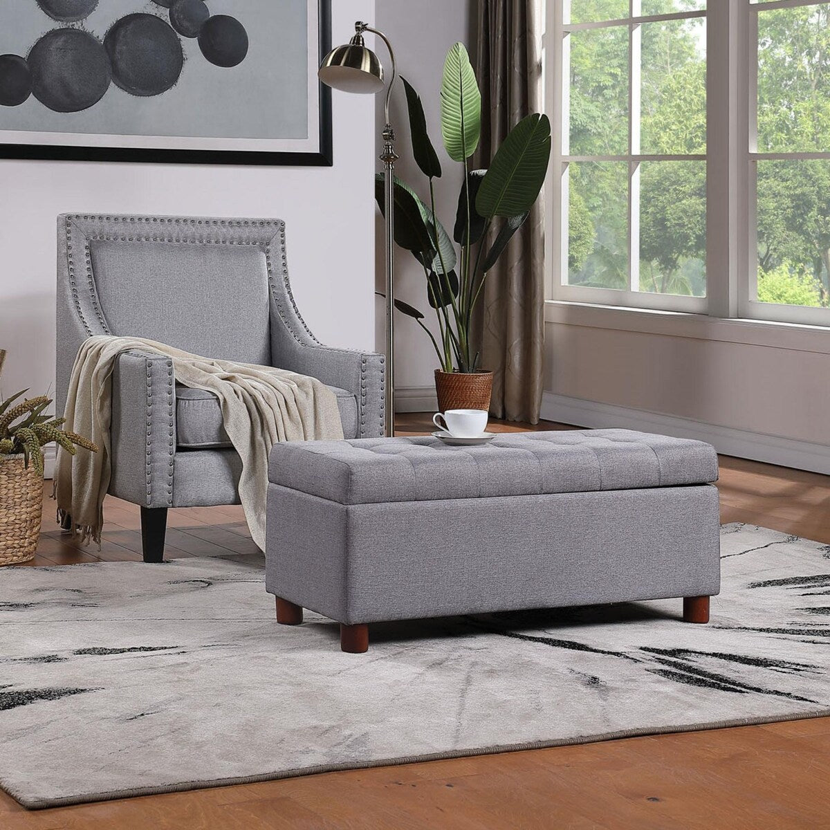 39'' Storage Bench Tufted Linen Fabric Ottoman Storage Bench