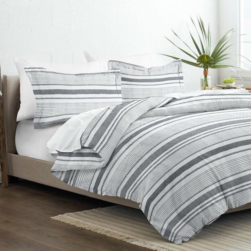 3pc Full/Queen Vintage Stripe Duvet Cover Wrinkle Free Light Grey