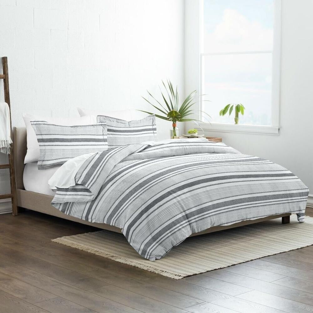 3pc Full/Queen Vintage Stripe Duvet Cover Wrinkle Free Light Grey