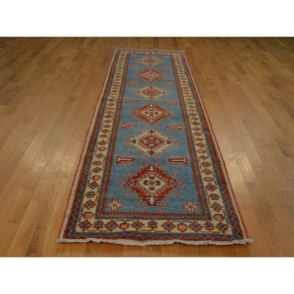 Hand-knotted Kazakh Sky Blue Wool Runner Rug (3' x 11')