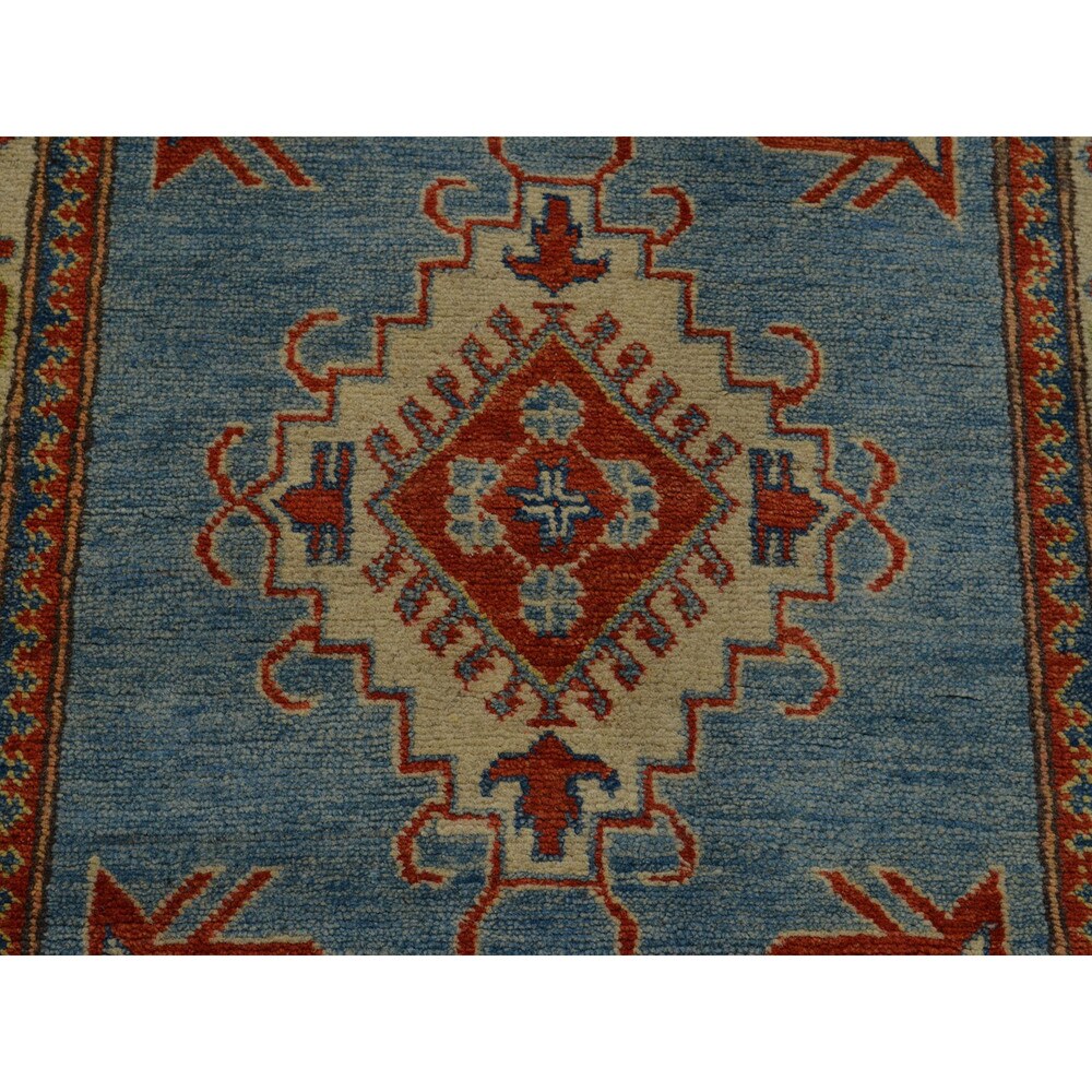 Hand-knotted Kazakh Sky Blue Wool Runner Rug (3' x 11')