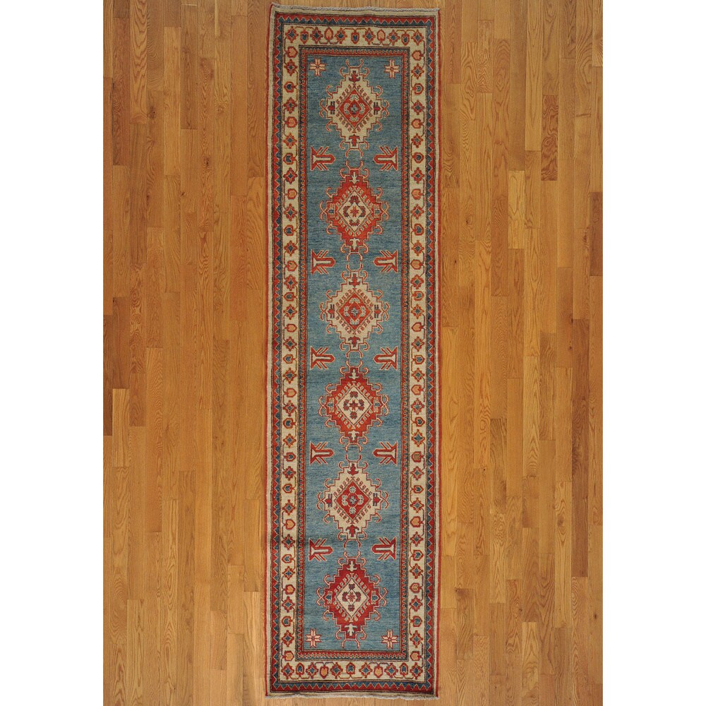 Hand-knotted Kazakh Sky Blue Wool Runner Rug (3' x 11')