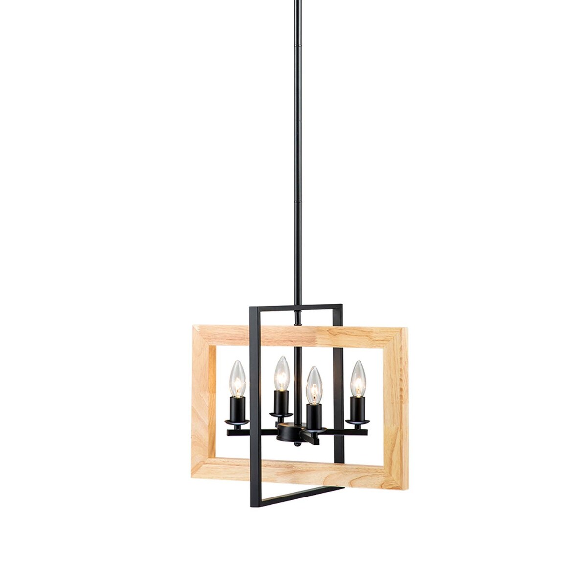 4 - Light Farmhouse Rectangle Black Iron and Wood Candle Chandelier