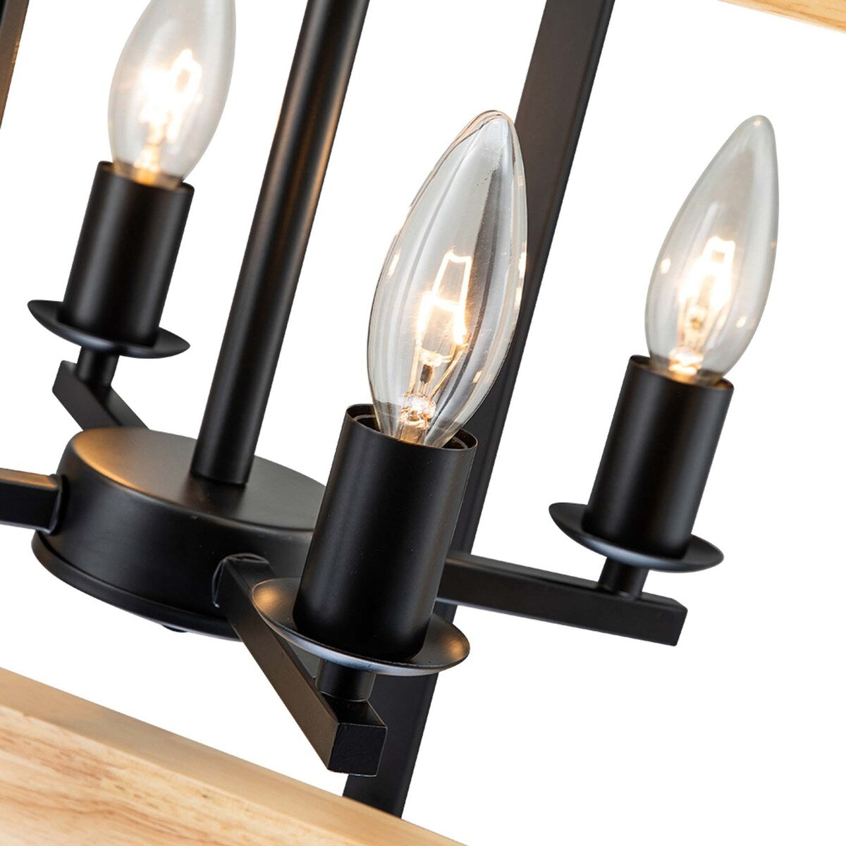 4 - Light Farmhouse Rectangle Black Iron and Wood Candle Chandelier
