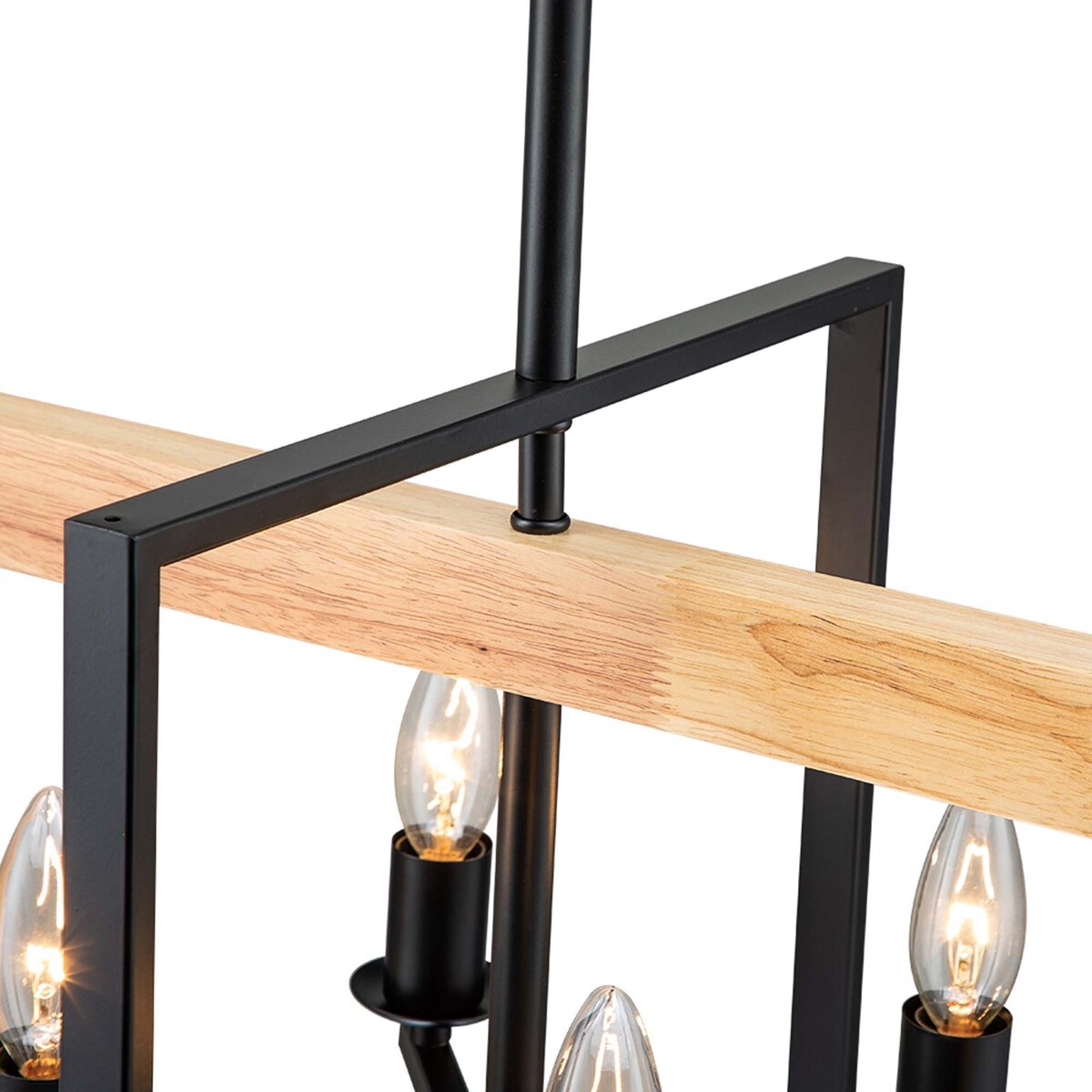 4 - Light Farmhouse Rectangle Black Iron and Wood Candle Chandelier