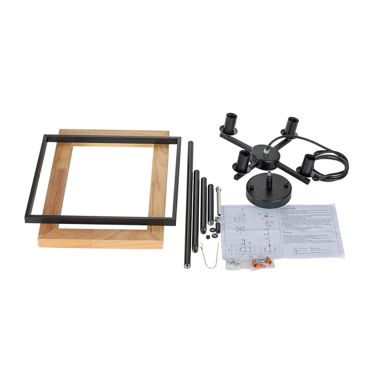 4 - Light Farmhouse Rectangle Black Iron and Wood Candle Chandelier