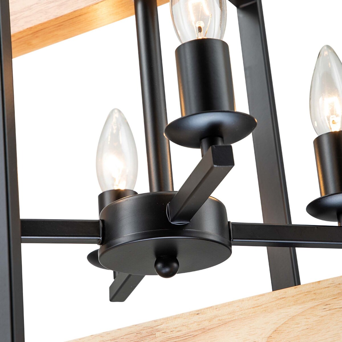 4 - Light Farmhouse Rectangle Black Iron and Wood Candle Chandelier