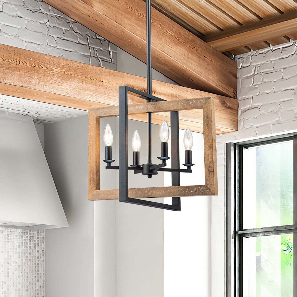 4 - Light Farmhouse Rectangle Black Iron and Wood Candle Chandelier