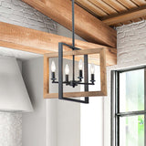 4 - Light Farmhouse Rectangle Black Iron and Wood Candle Chandelier