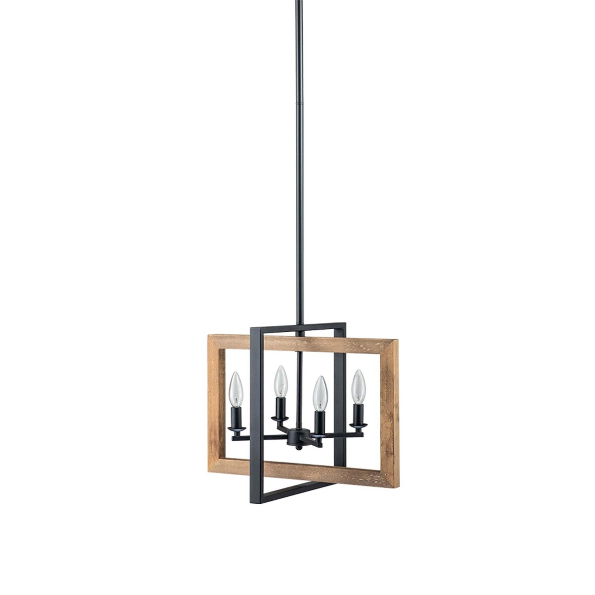 4 - Light Farmhouse Rectangle Black Iron and Wood Candle Chandelier