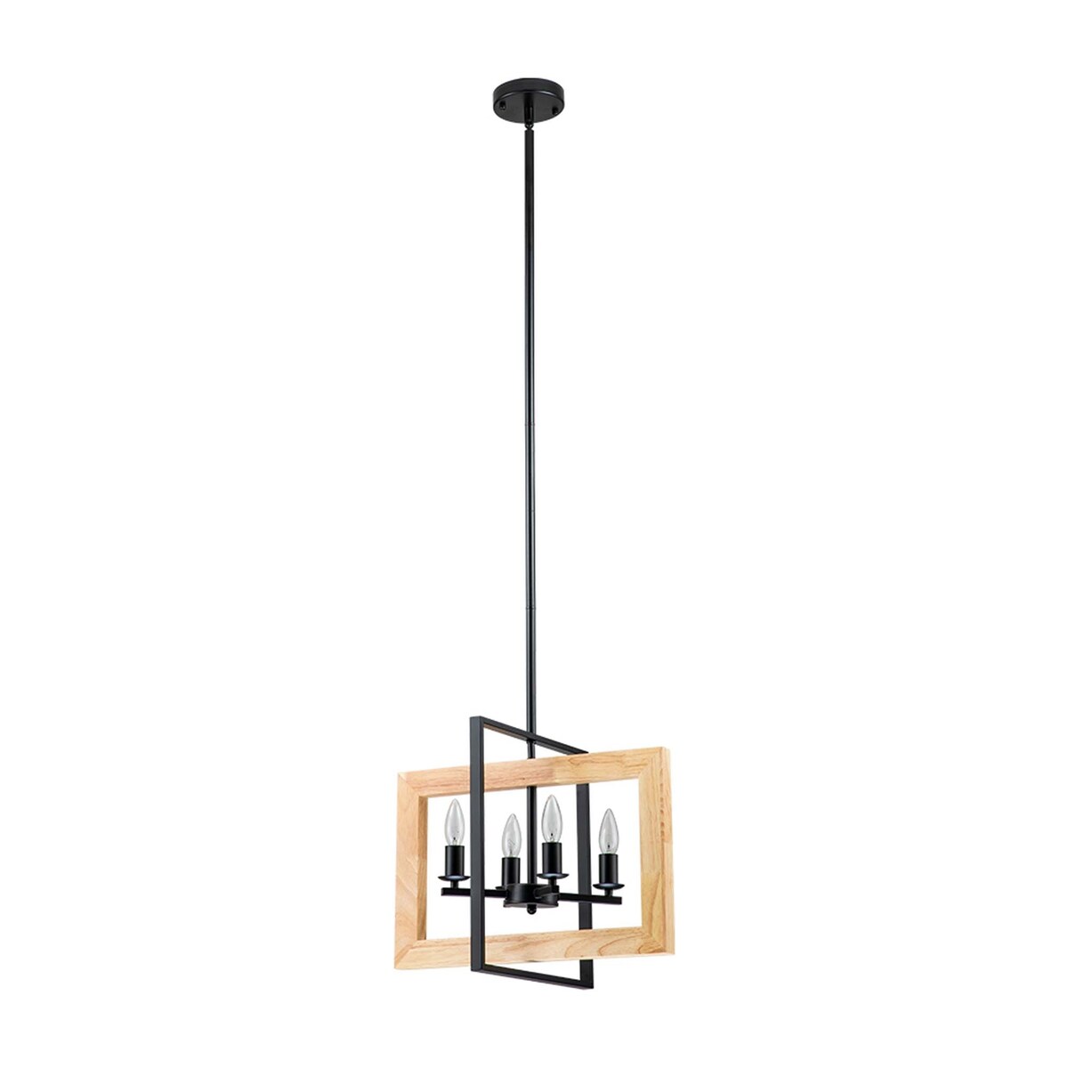 4 - Light Farmhouse Rectangle Black Iron and Wood Candle Chandelier