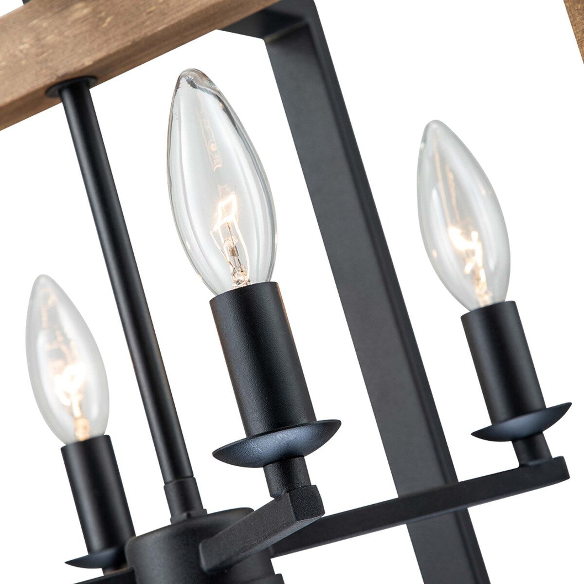 4 - Light Farmhouse Rectangle Black Iron and Wood Candle Chandelier