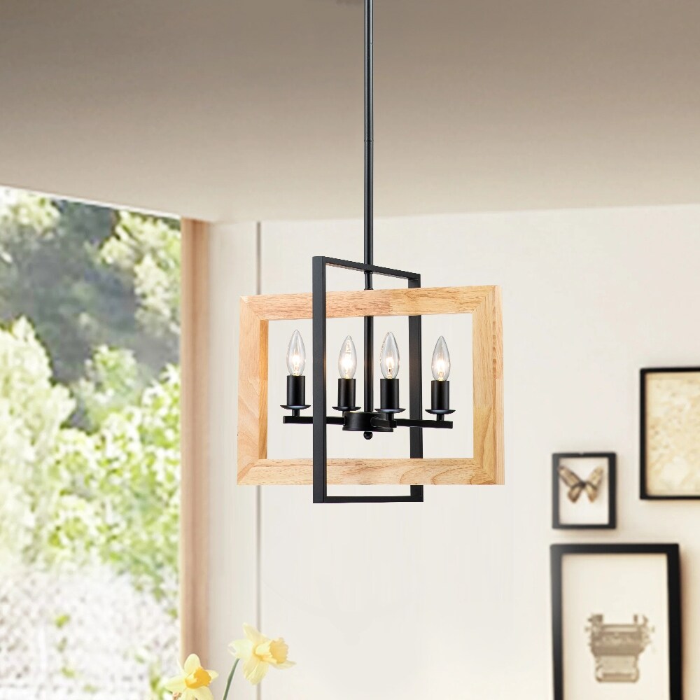 4 - Light Farmhouse Rectangle Black Iron and Wood Candle Chandelier