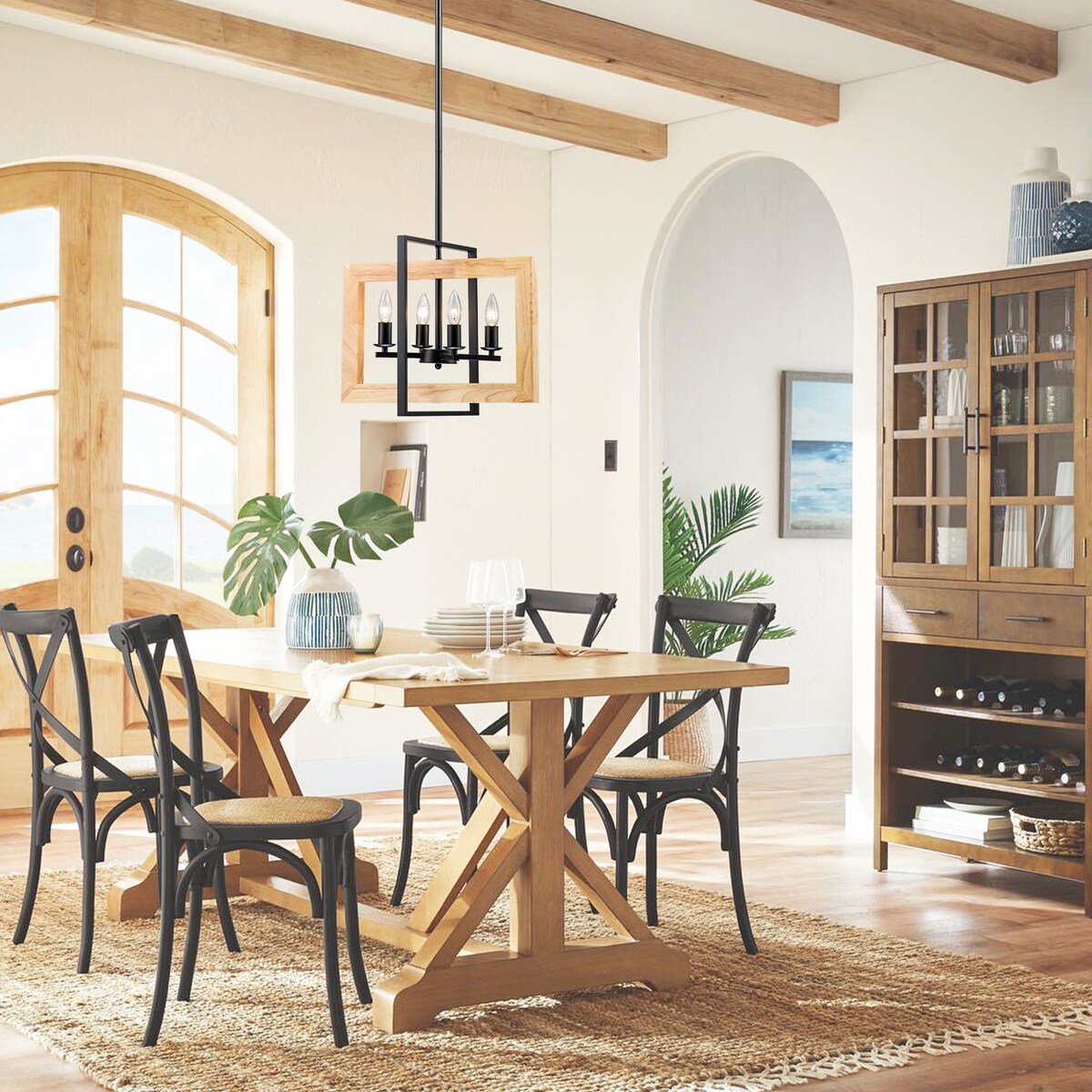 4 - Light Farmhouse Rectangle Black Iron and Wood Candle Chandelier