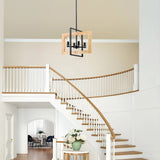 4 - Light Farmhouse Rectangle Black Iron and Wood Candle Chandelier