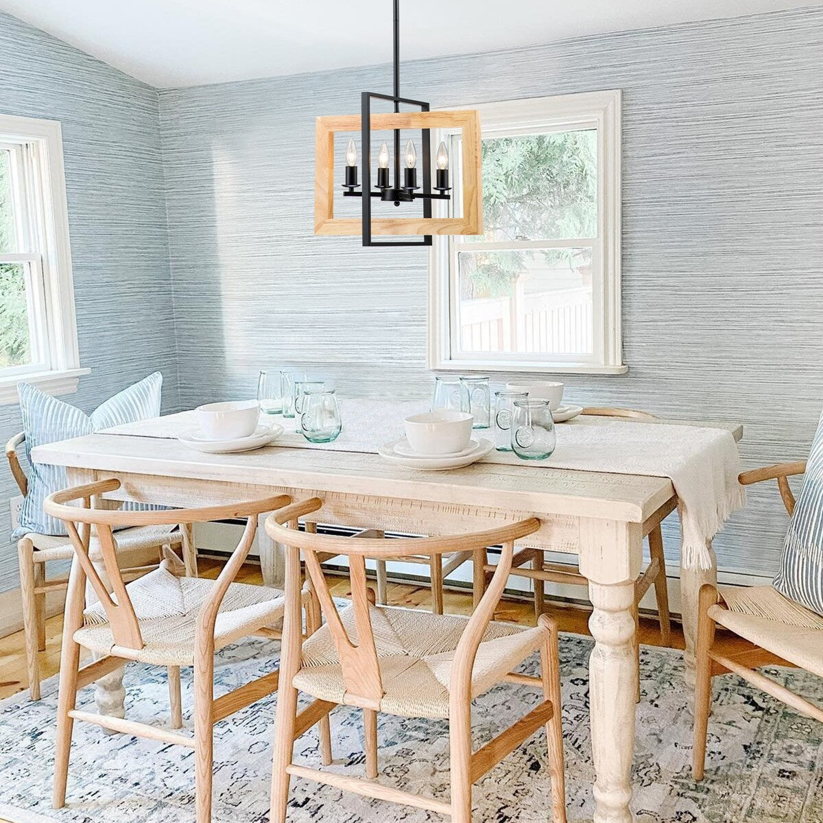 4 - Light Farmhouse Rectangle Black Iron and Wood Candle Chandelier